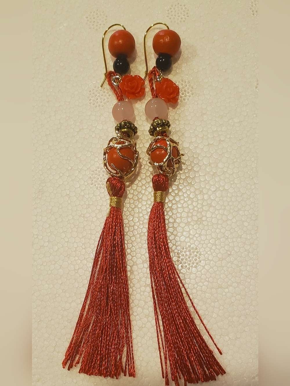 Beautiful Handmade Red Dangle Earrings With Tassles & Rose Charms
